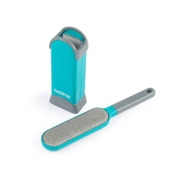 Blue and grey Beldray lint remover brush with self-cleaning base