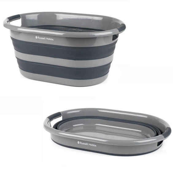 Grey collapsible laundry basket, shown upright and folded, Russell Hobbs logo