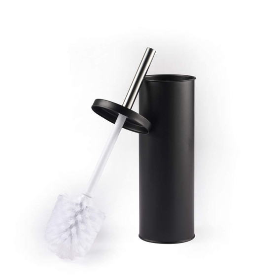 Toilet brush with white bristles and black holder, shown on plain background