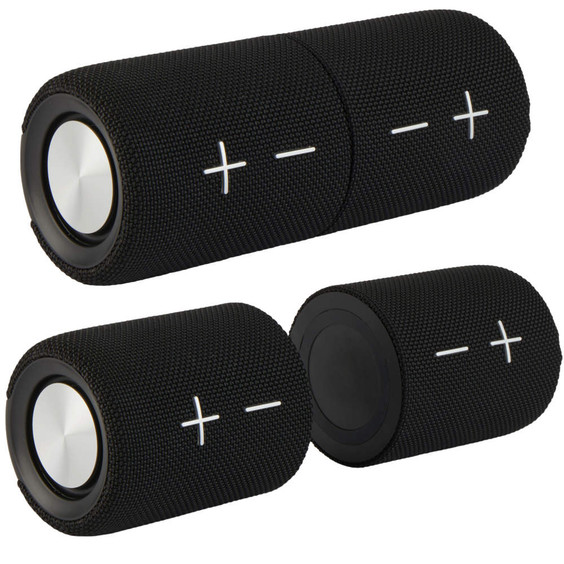 Black wireless portable Bluetooth speaker with prominent volume buttons, shown from multiple angles