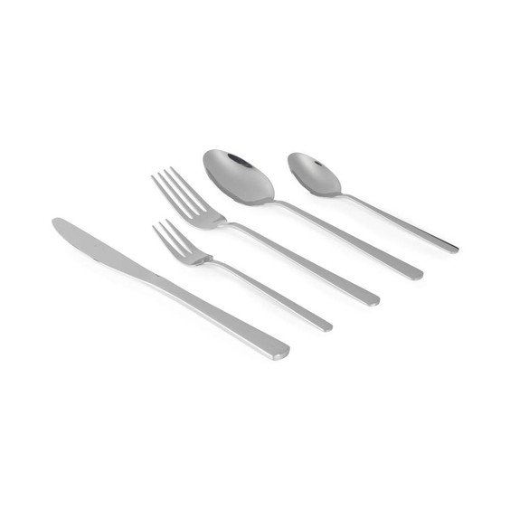 Set of five silver stainless steel cutlery pieces: knife, fork, dessert fork, spoon, teaspoon.