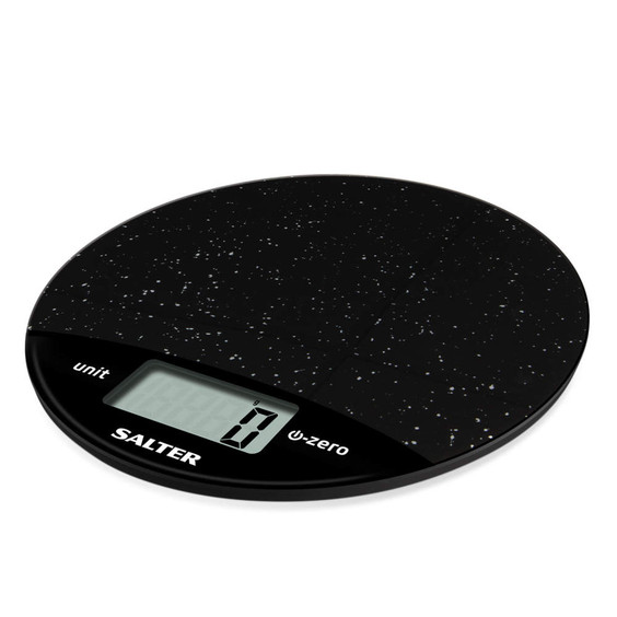 Black kitchen scale with white speckle design and digital display, Salter brand