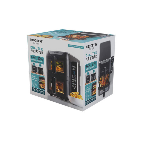 Dual tier air fryer in black, shown on retail packaging with food images and key features.