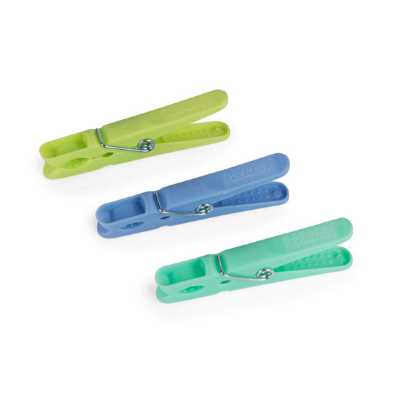 Set of three Beldray plastic clothes pegs in blue, green, and light green