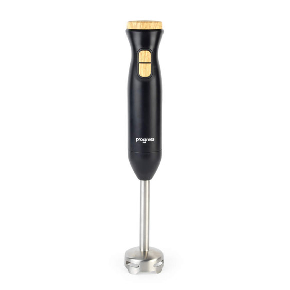 Black hand blender with wood-effect buttons and handle, stainless steel blending shaft