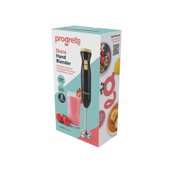Black hand blender on retail packaging, shows blade, turbo function, 800W power