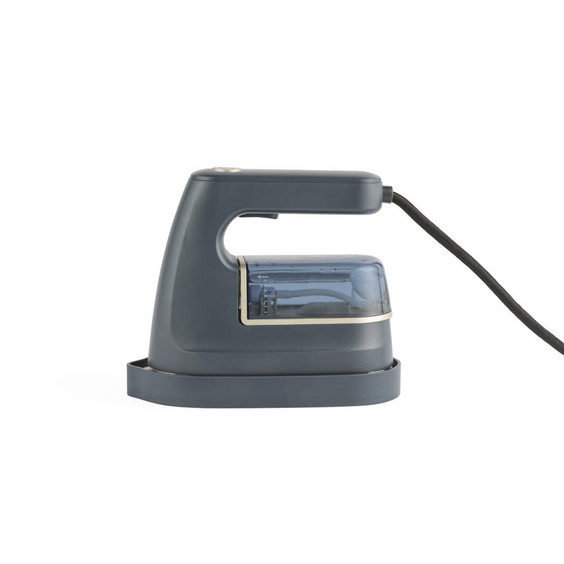 Handheld garment steamer in dark grey with transparent water tank, side view