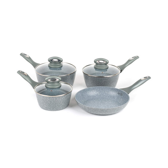 Set of three grey saucepans with lids and one frying pan, speckled finish