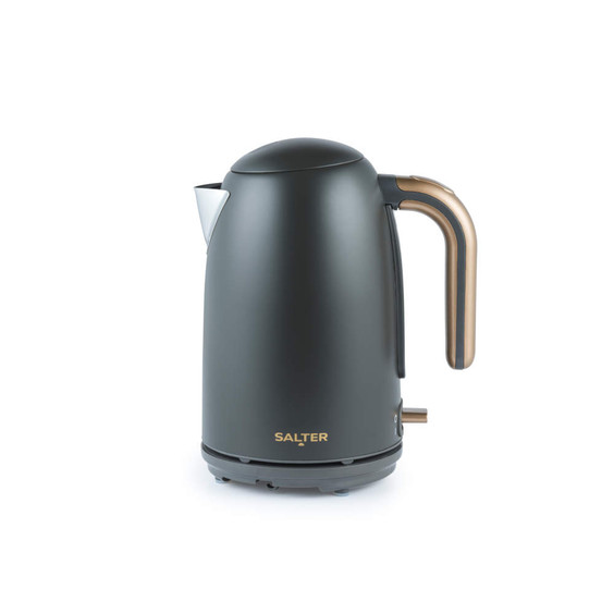 Grey electric kettle with gold handle, side view, Salter logo visible