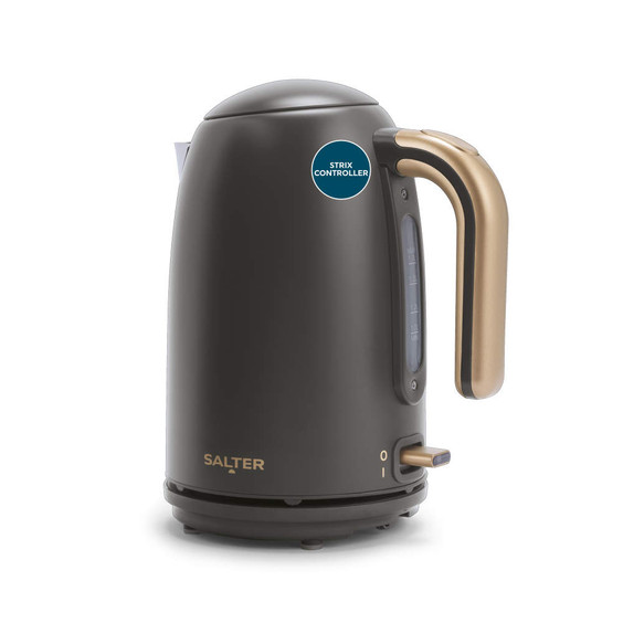 Grey electric kettle with gold handle and water level window