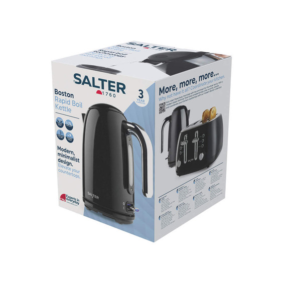 Salter Boston Rapid Boil Kettle box, showing black kettle and key features