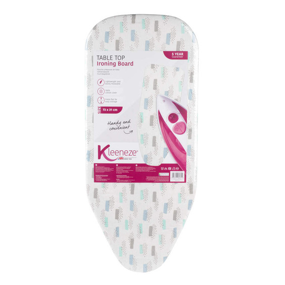 Table top ironing board with white and pastel patterned cover, size 73 x 31 cm