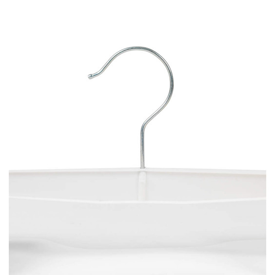 White plastic clothes hanger with metal hook, front view