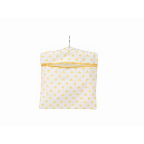 White fabric peg bag with yellow trim and repeated yellow bee pattern, hanging on a hook