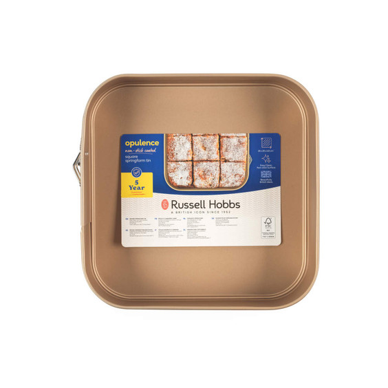 Gold square non-stick springform cake tin with 5 year guarantee, Russell Hobbs packaging