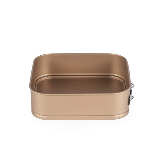 Square gold non-stick springform cake tin, open, shown from above