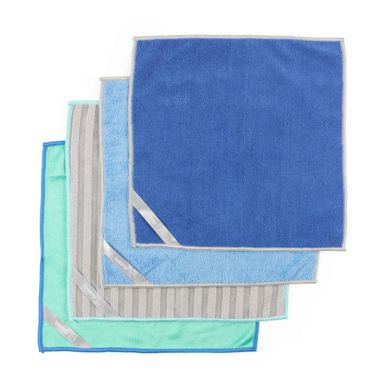 Pack of four microfibre cleaning cloths in blue, aqua and grey