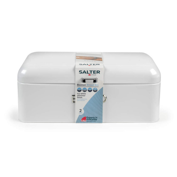 White metal bread bin with ice white shimmer finish, front view, Salter Boston range.