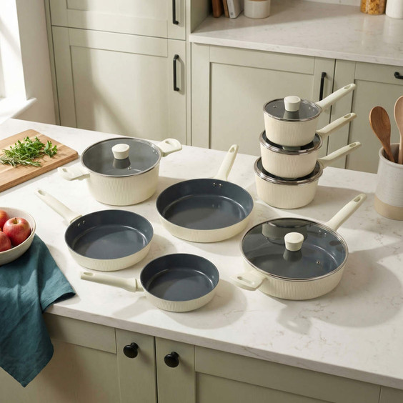 Cream cookware set with three saucepans, two frying pans, and two casserole dishes