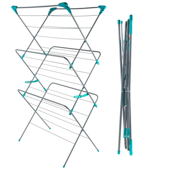 Foldable three-tier indoor clothes airer with grey frame and teal accents, open and closed views
