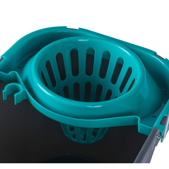 Teal plastic mop bucket with built-in wringer basket, shown close up from above