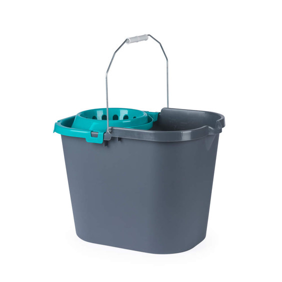Grey mop bucket with aqua wringer and handle, shown empty on white background