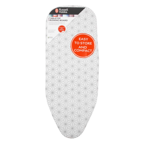 Russell Hobbs tabletop ironing board with grey geometric cover, compact and easy to store.