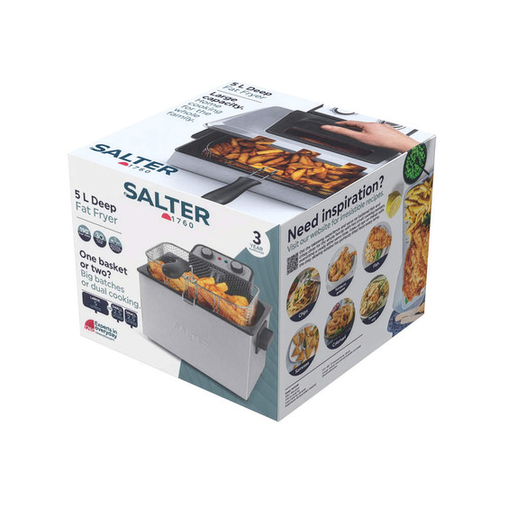 5L silver deep fat fryer in retail box, shows basket, chips, suitable for large batches.