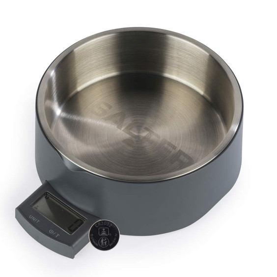 Digital kitchen scale with stainless steel bowl in grey, angled to show LCD display.