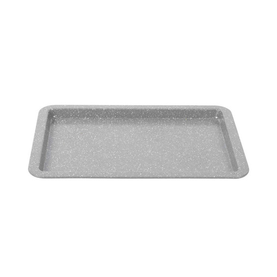 Grey speckled non-stick baking tray, shown from above