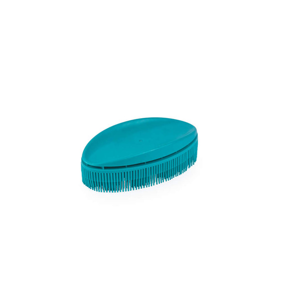 Blue oval grooming brush with soft bristles, shown on a white background