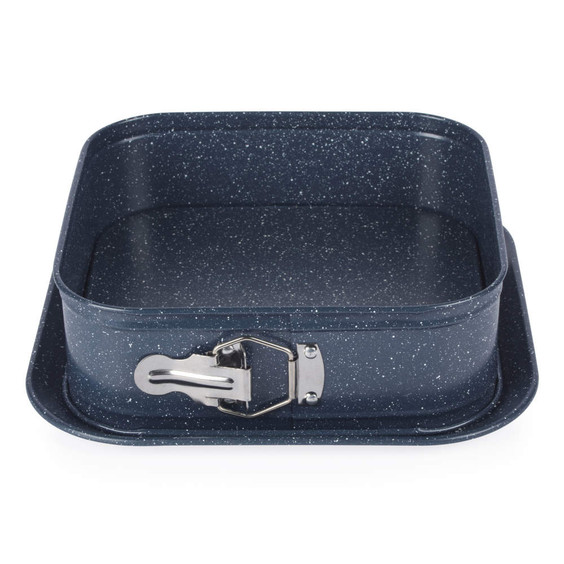 Square navy speckled springform cake tin with latch, shown empty on white background