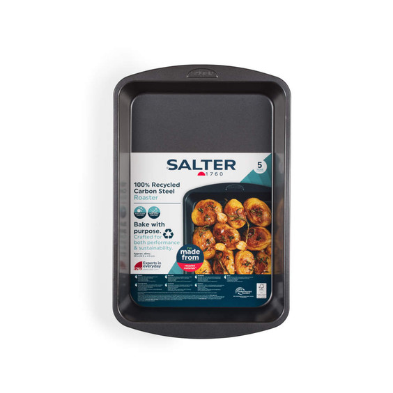 Grey carbon steel roaster tray, packaging shows roast chicken, 100% recycled, 5 year guarantee