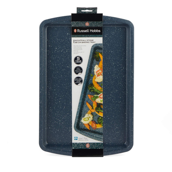 Blue speckled 38cm baking tray with non-stick surface, shown in packaging