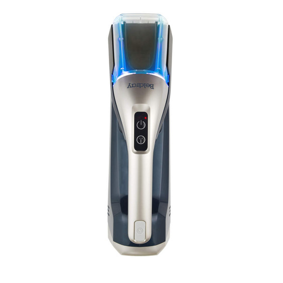 Cordless handheld vacuum cleaner, metallic blue and silver, shown from above.