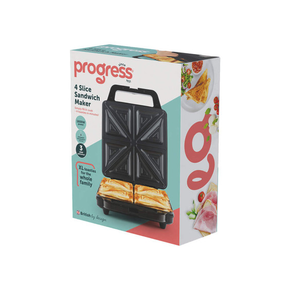 Progress 4 slice sandwich maker retail box, showing product and XL toasties