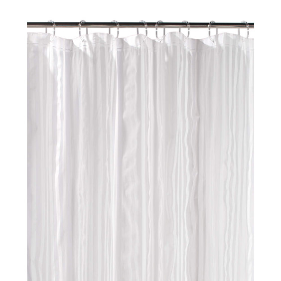 White striped shower curtain hanging on chrome rings