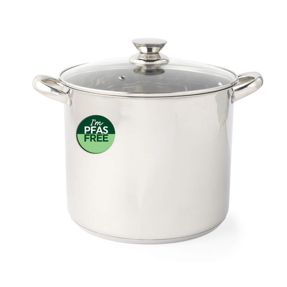 Large silver stock pot with glass lid, PFAS free badge visible.
