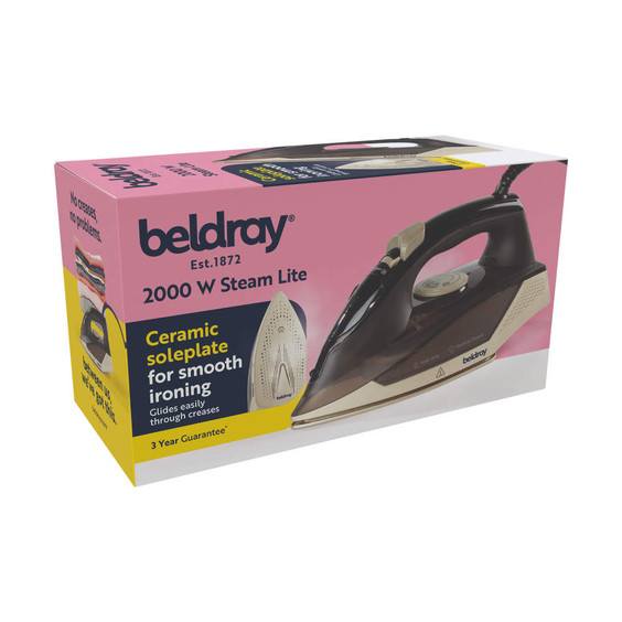 Beldray 2000W steam iron box showing ceramic soleplate and black handle