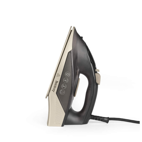 Gold and black steam iron shown side view, corded, suitable for household ironing.
