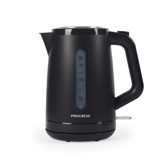 Black electric kettle with water level indicator, shown upright on a white background.