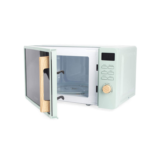 Sage green Salter microwave with wood-effect handle, front view