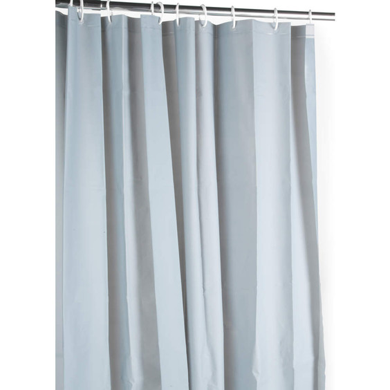 Grey shower curtain hanging on rail, full length view, no pattern