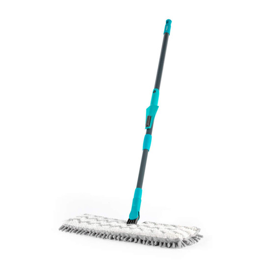 Flat mop with grey handle and turquoise accents, shown with white chenille pad