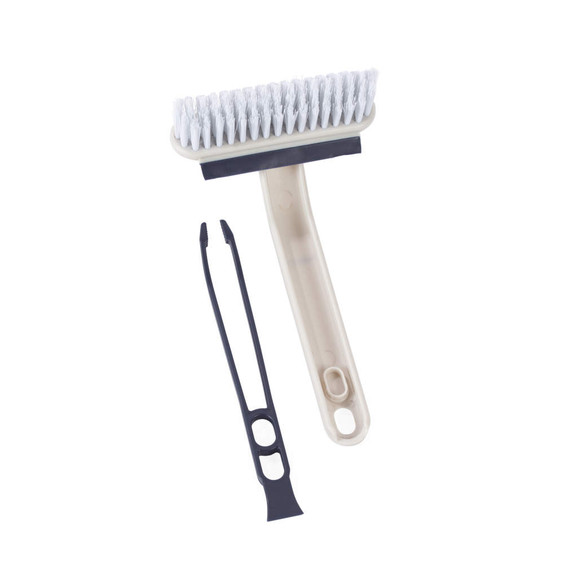 Grill cleaning brush with white bristles and removable black scraper tool
