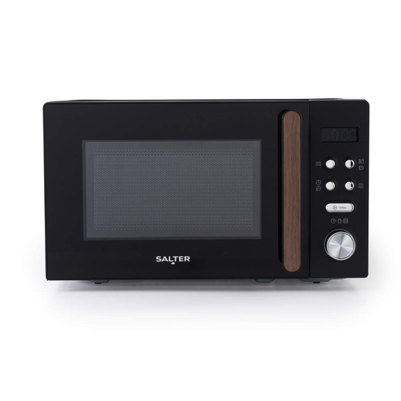 Black Salter microwave with wood-effect handle, digital display and control panel.