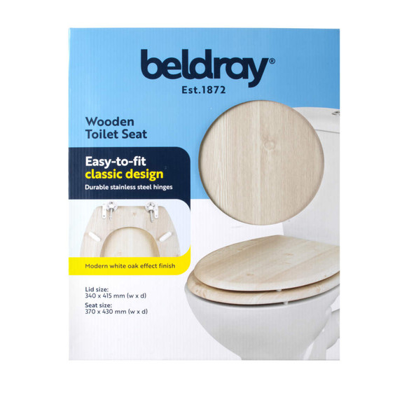Wooden toilet seat with modern white oak effect finish, shown in retail packaging.