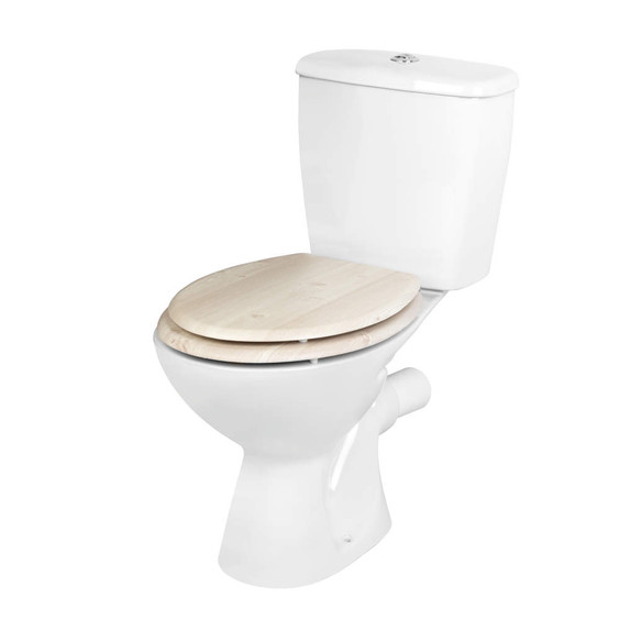 Standard white toilet with light oak wood-effect seat, closed lid, shown from front-left angle