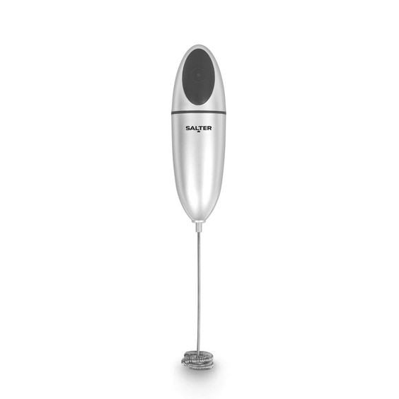 Silver handheld milk frother with Salter branding