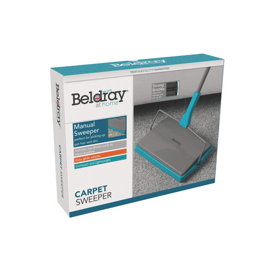 Beldray manual carpet sweeper in blue packaging, suitable for pet hair and dirt.